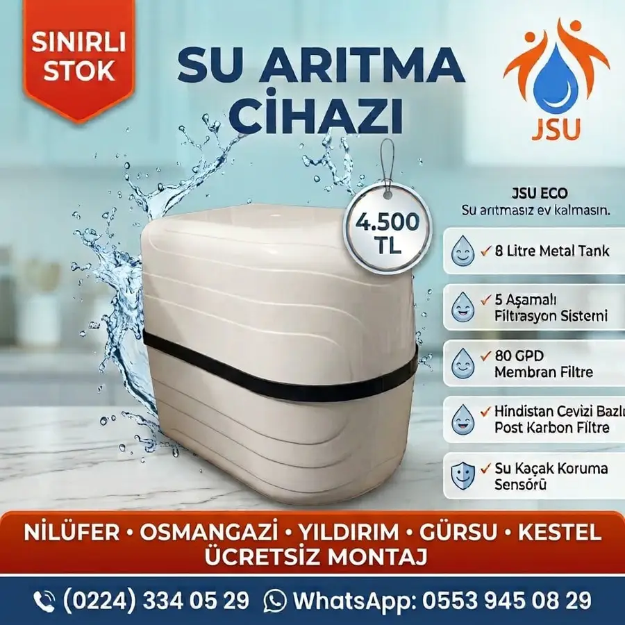 JSU ECO su arıtma cihazı kampanyası: 4.500 TL, 8 litre metal tank, 5 aşamalı filtrasyon, 80 GPD membran, su kaçak koruma sensörü